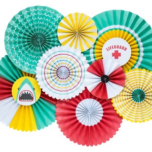 Pool Party Fan Set / Hanging Party Decor / Party Fans / Fan Set / Paper Fans / Primary Color Fan Set / Baby Shark Party / Pool Party Decor