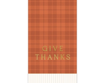 Give Thanks Plaid Thanksgiving Napkins | Gold Foil Dinner Napkins | Thanksgiving Party Decor | Rustic Plaid | Harvest Table