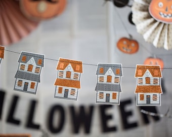 Halloween Haunted House Garland, Glitter Halloween Banner, Spooky House Garland, Halloween Mantel Decor, Halloween Party Backdrop Decoration