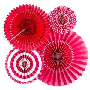 Red Party Fan Set / Red Fans / Party Fans / Paper Fans / Red Party Decor / Hanging Decor / Pinwheel Fans / Paper Rosettes / Photo Backdrop