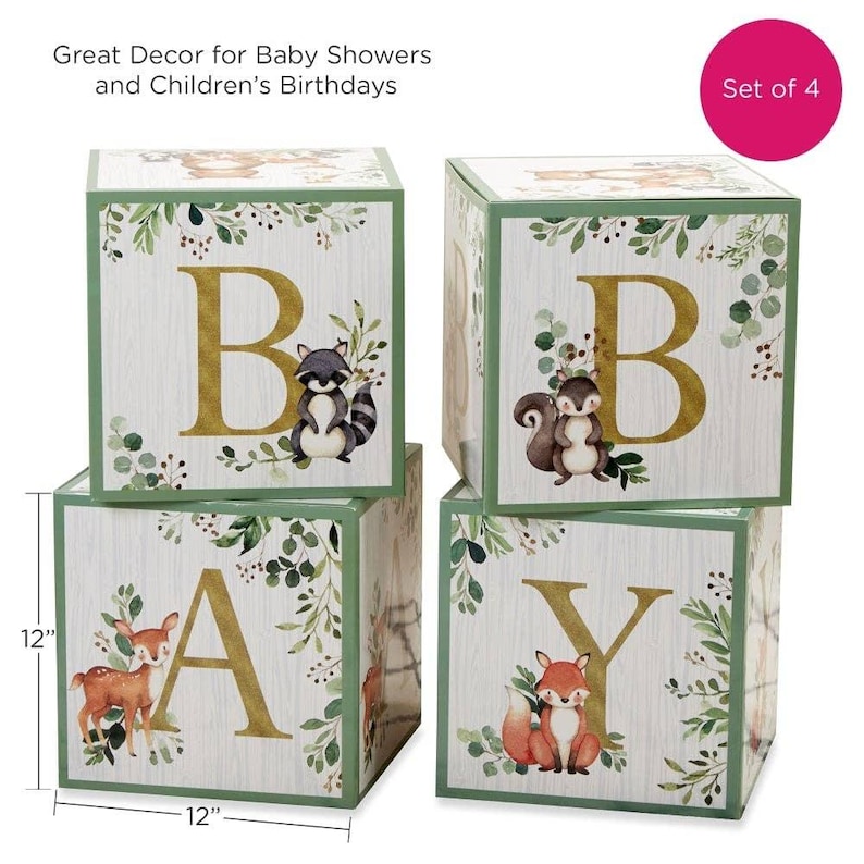 May include: Set of four decorative wooden blocks spelling "BABY". Each block is 12 inches square and features a letter, woodland animal illustration, and botanical accents. The blocks are designed for baby showers and children's birthdays.
