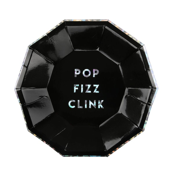 Pop Fizz Clink Plates / Black Dessert Plate /  Dessert Plate / New Years Eve Plate /