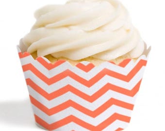 Coral Chevron Cupcake Wrappers / Cupcake Wrappers / Coral Party Decor / Coral Chevron / Coral Cupcake Wrappers
