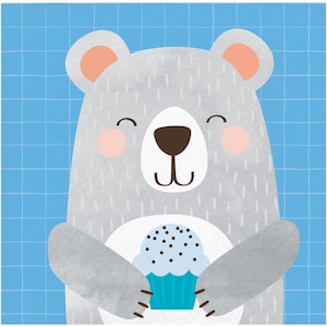 May include: A gray bear with a happy expression holds a blue and white cupcake with chocolate sprinkles. The bear is against a blue and white checkered background.