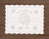 Kids Thanksgiving Coloring Placemat | Thankful Turkey Activity Placemat | Kids Table Thanksgiving | Classroom Thanksgiving Party | Color In