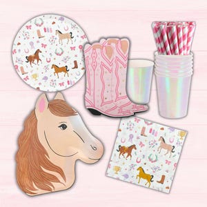 May include: A collection of party supplies with a western theme. Includes a horse head-shaped plate, pink cowboy boot cutouts, paper cups, straws, and plates and napkins with horse and horseshoe patterns.
