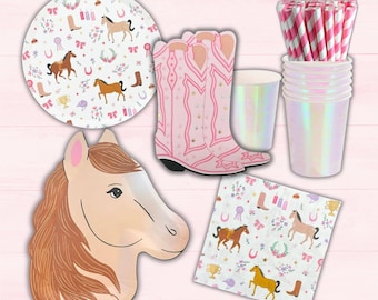 May include: A collection of party supplies with a western theme. Includes a horse head-shaped plate, pink cowboy boot cutouts, paper cups, straws, and plates and napkins with horse and horseshoe patterns.