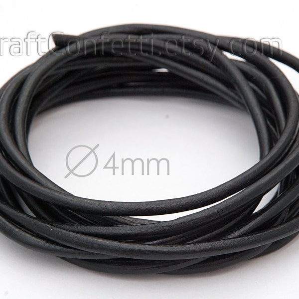 Black leather cord 4mm Natural leather cord Italian leather cord Jewelry supplies Jewelry cord Genuine leather round cord  / 0.8m