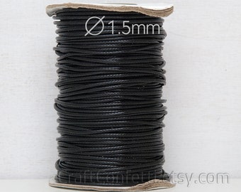 Black waxed cotton cord 1.5mm Black cord Round cotton cord Cotton wax cord Cotton beading cord DIY jewelry Jewellery stringing / 5 meters