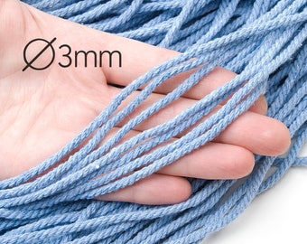 Blue pure cotton rope 3 mm Twisted cord Natural raw Blue cotton cord Drawstring rope Macrame cotton rope Macrame supplies / 10 m ( 10.9yds)