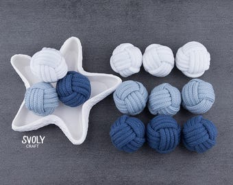 Blue Monkey Fist Knot Set of 12 – Nautical Rope Ball Decor – Navy Light Blue White Coastal Table Styling – Beach House Shelf Accent / ø 4см