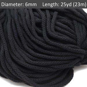 6mm Black crochet cord 25yds, Cotton braided cord, Craft Making soft rope, Macrame cord, Rug yarn, Decorative rope, Weaving / 25yd = 23m