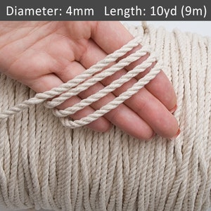 Cordón de algodón trenzado de 4 mm, 30 pies, cordón de macramé para anudar, cordón beige crudo, hilo de macramé de 3 hebras (capas) / 30 pies = 10 yardas = 9 m