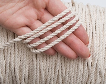 4mm Twisted cotton cord 30ft, Knotting macrame cord, Raw beige drawstring cord, Macrame twine 3 strand (ply) / 30ft = 10yd = 9m
