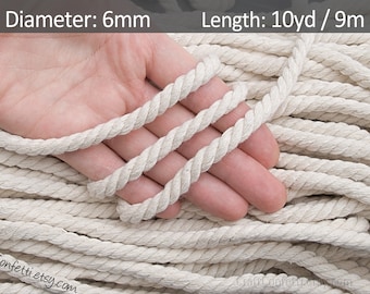 6mm Beige cotton rope 10yds, Ivory cotton cord, Natural twisted rope, Macrame craft supplies, Decoration rope  / 30ft = 10yds = 9m