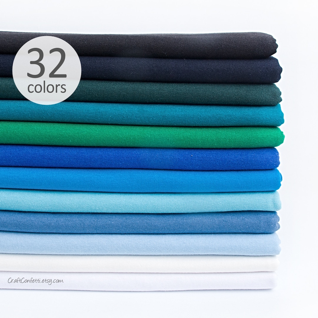 Blue Green Jersey Knit Fabric by the Yard, Solid Plain Cotton Fabric