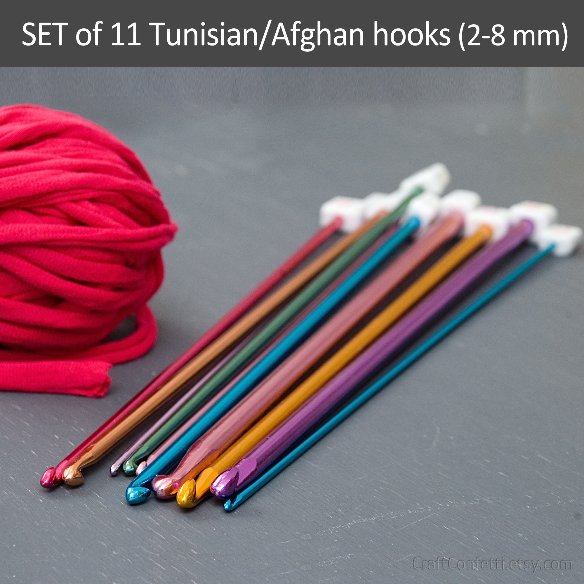 Tunisian/Afghan hook Set of 11 crochet hooks from 2 mm to 8 mm, Metal crochet hook, Tools supplies, Aluminum Lightweight and strong hook