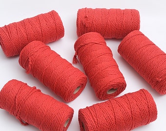 3-4mm Red cotton cord 100yds, Macrame twisted rope for crafting, Wall hanging Home decor cord, Crochet cord / 100 yds. 350 grams