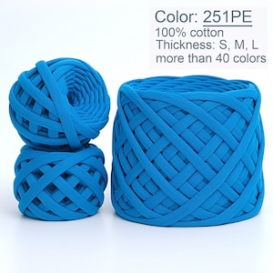 May include: Four balls of turquoise blue cotton yarn. The yarn is 100% cotton and available in more than 40 colors. The thickness is available in sizes S, M, and L. The color code is 251PE.