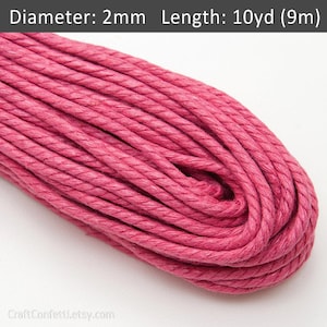 2mm Pink twisted cotton cord 30ft, Waxed cotton cord, Vegan bracelet cord, Pink cord for jewelry, Cord for jewelry / 30ft = 10yds = 9m