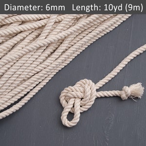 6mm Beige cotton cord 30ft, Twisted macrame rope, Decoration rope, Craft supplies, Sew rope, Nautical rope / 30ft = 10yd = 9m