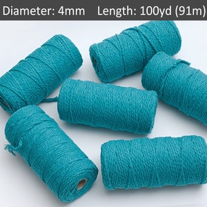 Cordón trenzado de algodón turquesa de 3-4 mm, 100 yardas. Cordón para macramé, proyectos de anudado para tapices y decoración. 100 yardas. 350 gramos.