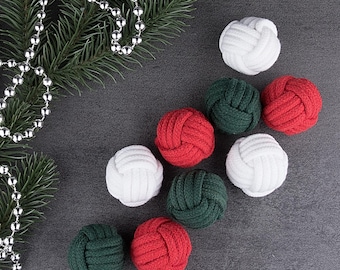 Set of 3 Christmas Monkey Fists – Red, Green, White Macrame Rope Knots for Handmade Nautical Holiday Decor / ø 3.5cm = 1 3/8"