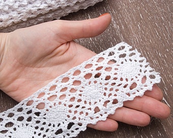 60mm White lace trim 16ft, Boho crochet lace ribbon, Scrapbook cotton lace trim, Wedding lace, Sewing Craft / 5m = 5.5yd = 16ft