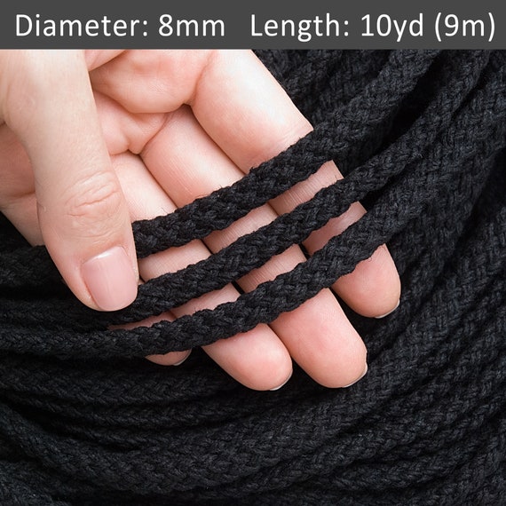 8mm Black Cotton Flat Rope 30ft, Braided Cotton Cord, Decorative