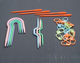 Knitting tools set 31pcs. Crochet tools. Set of Cable stitch needles, holders, markers. Big eye plastic sewing needle. Locking stitch marker