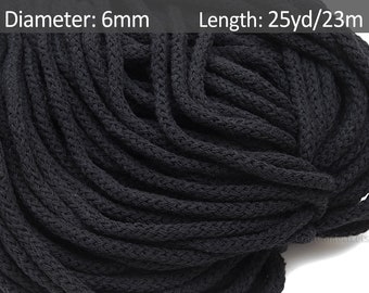 6mm Black crochet cord 25yds, Cotton braided cord, Craft Making soft rope, Macrame cord, Rug yarn, Decorative rope, Weaving / 25yd = 23m