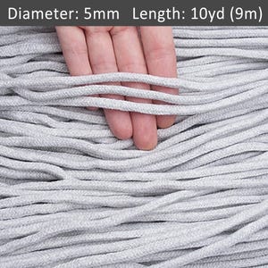 5mm Light Gray braided cord 10yds. Soft cotton cord for Drawstrings, DIY craft projects, Art weaving, Macrame, Sewing / 30ft = 10yd = 9m