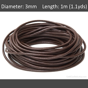3mm Brown leather cord 1meter, Natural Austrian leather cord, Jewelry cord supplies, Genuine leather round cord, Craft project / 1m = 1.1yd