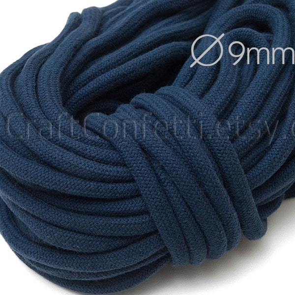 Blue cotton rope 9 mm Cotton cord with filling Raw for craft Sewing supplies Jewelry rope Braided cord Drawstring rope / 5 meters