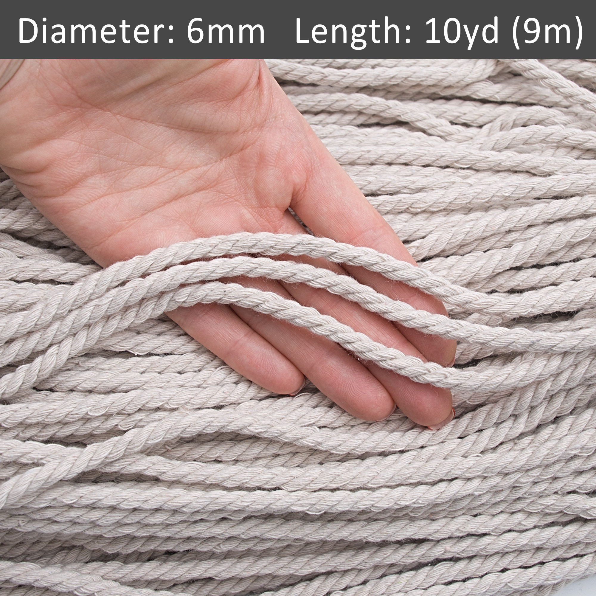 6mm Raw Cotton Macrame Cord 30ft, Twisted Beige Rope