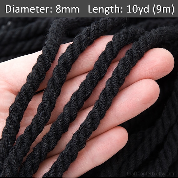 8mm Black Cotton Rope 10yds, Black Cotton Twisted Rope