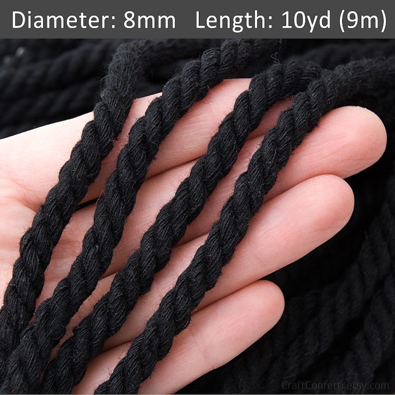 8mm Black cotton rope 10yds, Black cotton twisted rope, Cotton twisted rope, Home decor rope, Macrame rope / 30ft 10yd 9m image 1