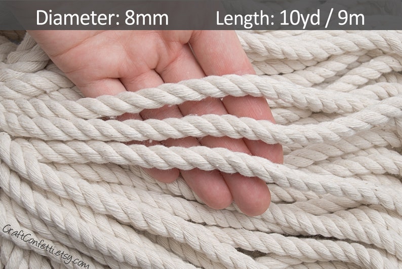 Twisted cotton rope 8mm, Beige planthanger rope, Nautical decor. Natural color cotton cord. Macrame cord. Decoration rope / 30ft = 10yd = 9m 