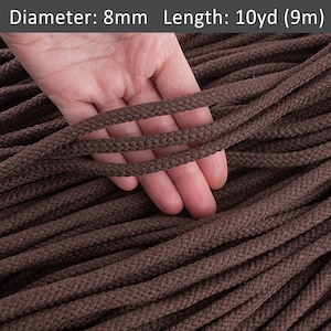 8mm Brown cotton rope, Craft Cord for DIY, Macrame wall art, Braided drawstring, Bags Accessories, Craft Projects / 30ft = 10yds = 9m