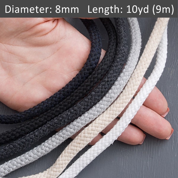 8mm Cotton braided rope 30ft, Drawstring cord, Wall art home decor rope, Macrame cord, Cord for crafting / 30ft = 10yd = 9m