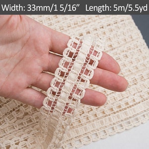 Beige cotton lace trim 33mm, Crocheted lace ribbon for insertion, Embellishment Sewing and craft projects. / 5m = 5.5yd