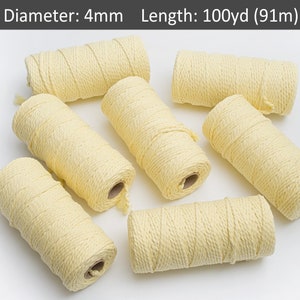 3-4mm Pale yellow cotton twisted cord 100yds. Soft cord for Macrame, Home decor, crafting, Wall hanging / 100 yds. 350 grams