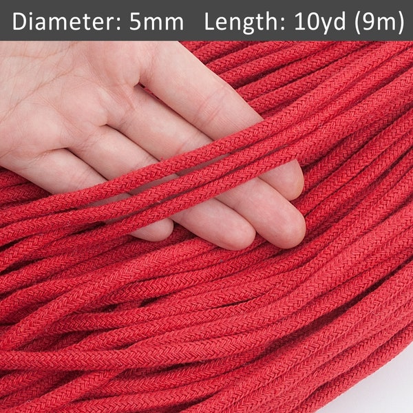 5mm Red braided cord 10yds, Drawstring soft cotton cord, DIY craft supplies, Art weaving cord, Macrame rope, Sew cord / 30ft = 10yd = 9m