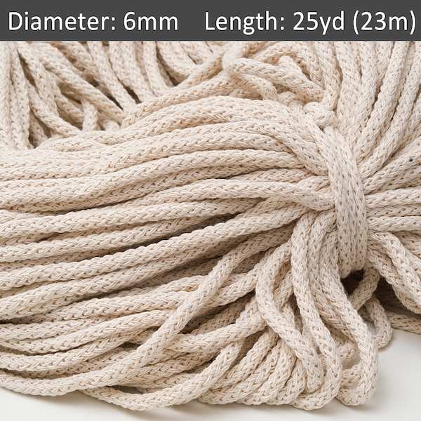 Corda bege macia de 6 mm, 25 jardas, corda de crochê de algodão cru, corda macia natural, corda de macramê, fio para tapete, corda decorativa para cestas, tecelagem / 25 jardas = 23 m