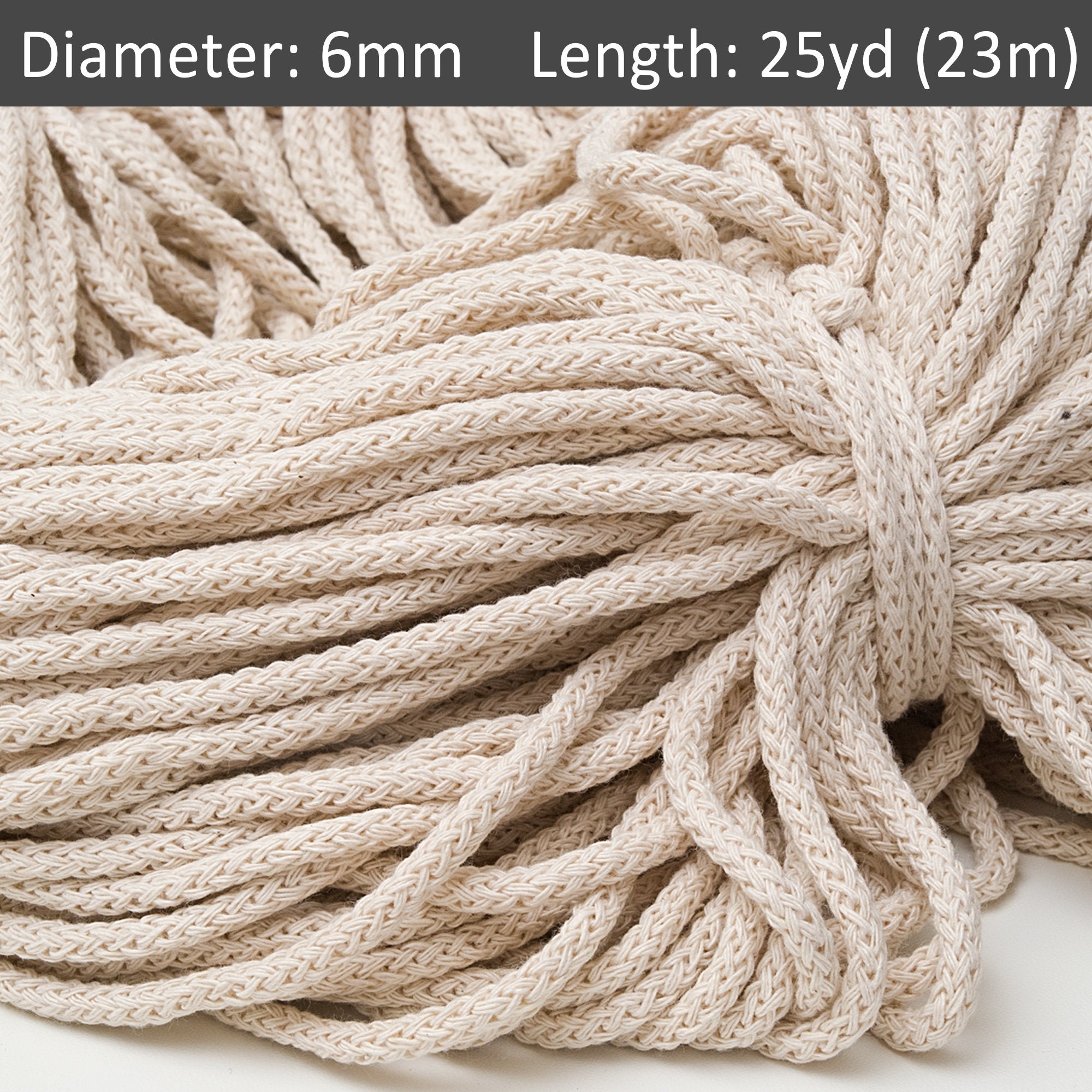 6mm Soft Beige Cord 25yds, Ecru Cotton Crochet Rope, Natural Soft Rope, Macrame  Cord, Rug Yarn, Basket Decorative Rope Weaving / 25yds 23m 