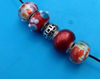 5x Red beads charms glass and resin silver troll euro lampwork 16mm European snake chain jewellery making big hole bracelet necklace UK