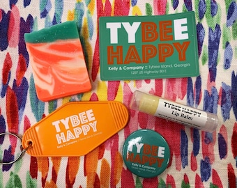 Tybee Happy Fun Pack | Keychain, Sticker, Button Pin, Soap & Lip Balm