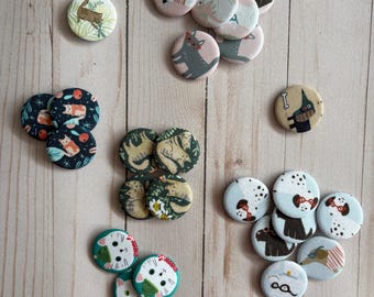 Fabric Covered Pinback Buttons, 1.5 inch, Cat Dog Fox Prints, Bag Accessory