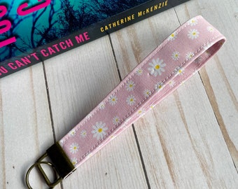 Pink Floral Fabric Wristlet Keychain, White Flowers Key Fob, Key Holder, Gift for Her, Stocking Stuffer, Teacher Gift