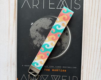 Cotton Fabric Wristlet Keychain, Ocean Waves Summer Beach Vibes, Key Fob Holder